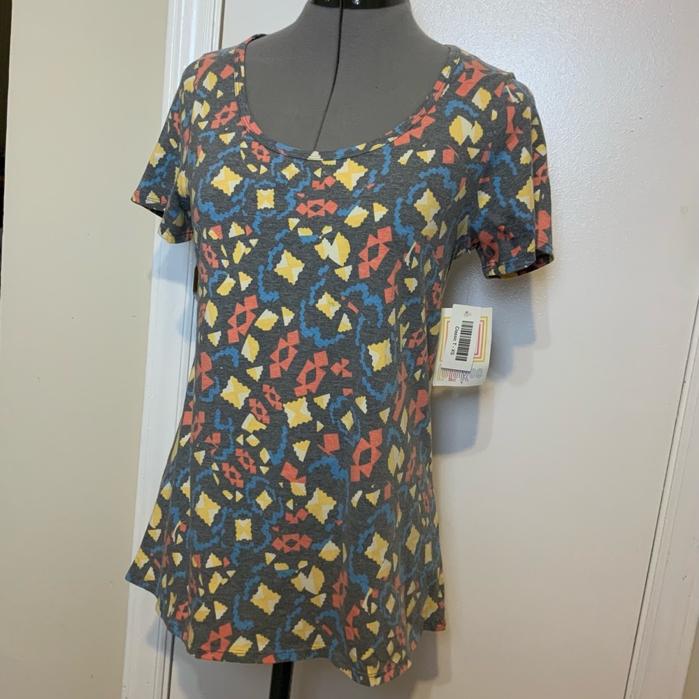 LuLaRoe Classic T Gray Yellow Red Abstract Tee  short Sleeves Round Neck…